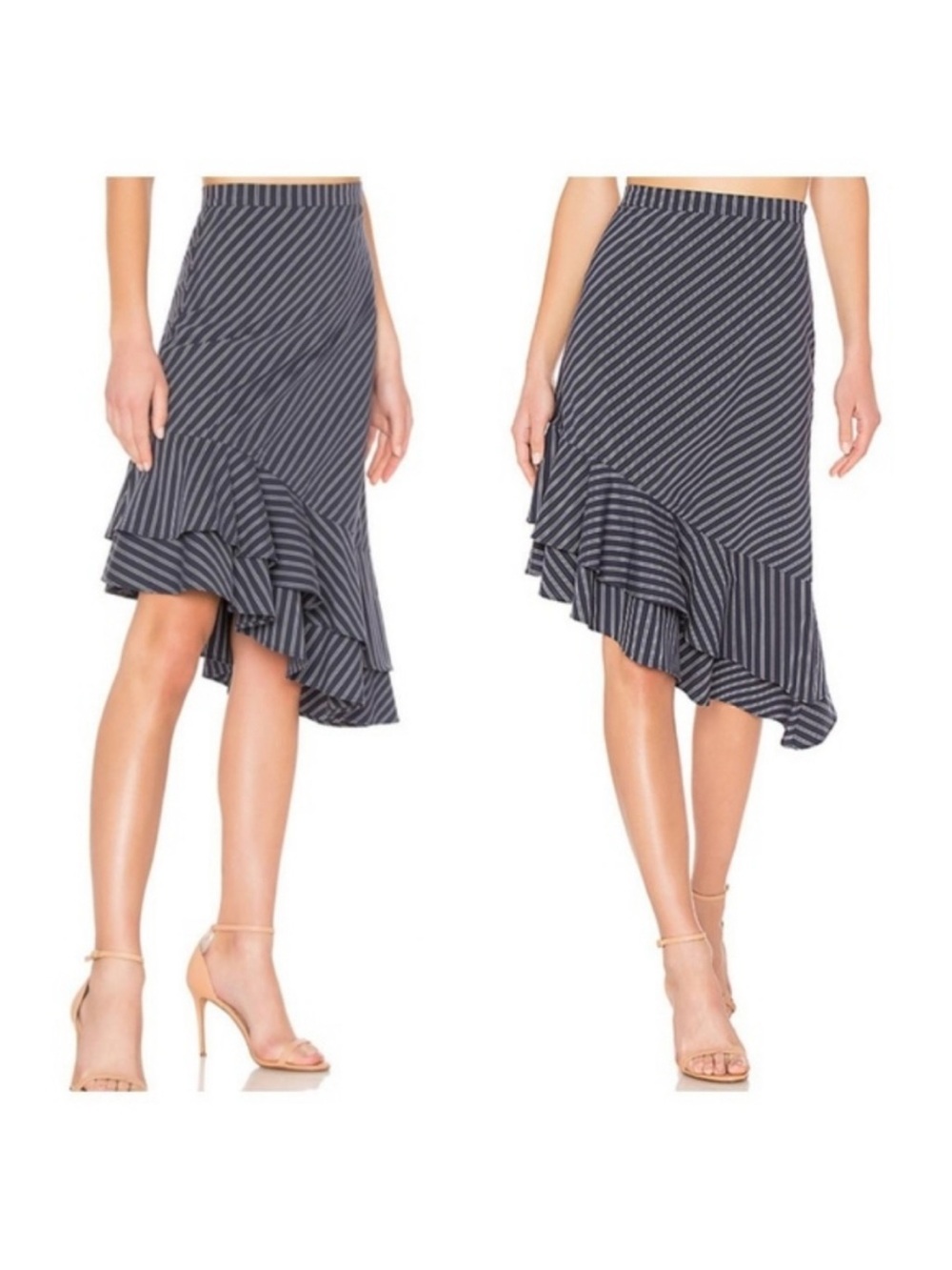 Joie Blue Striped Ruffle Hem Women's Midi Skirt Size 4